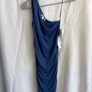 Nine Britten Midi Bodycon Dress - Blue, One Shoulder, Side Ruched, Size XS